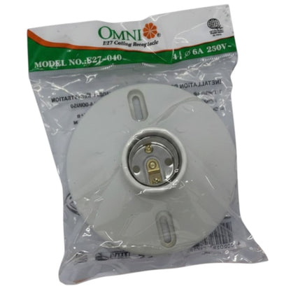 Plastic electrical socket in clear packaging with Omni branding on a white background