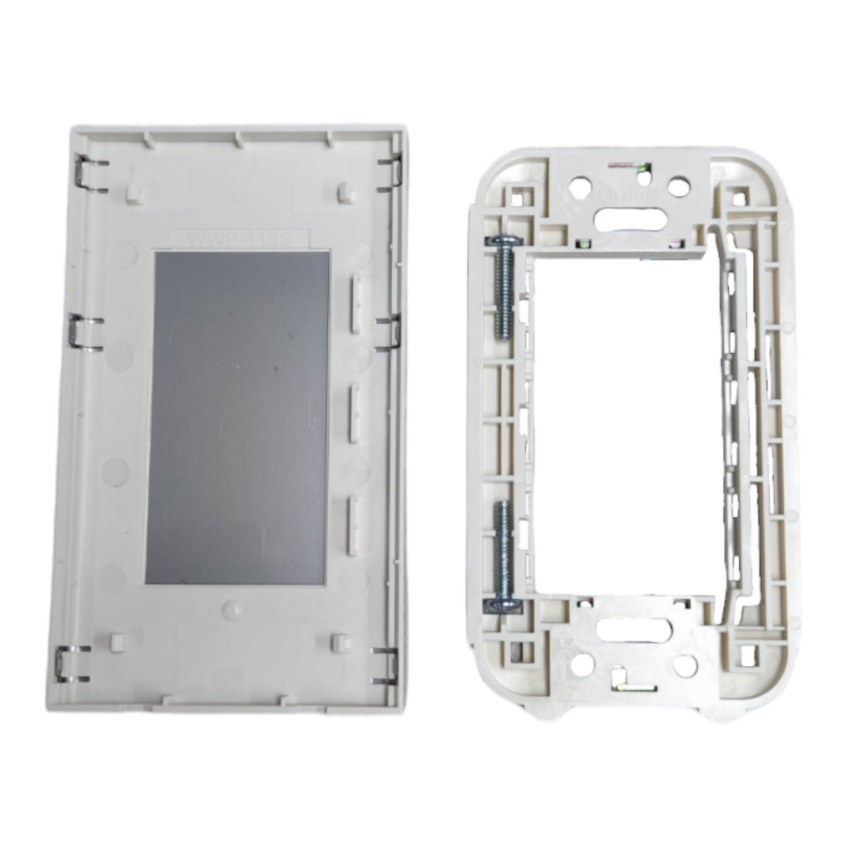 A pair of white plastic replacement parts, likely a light switch faceplate and backplate, shown on a solid white background.