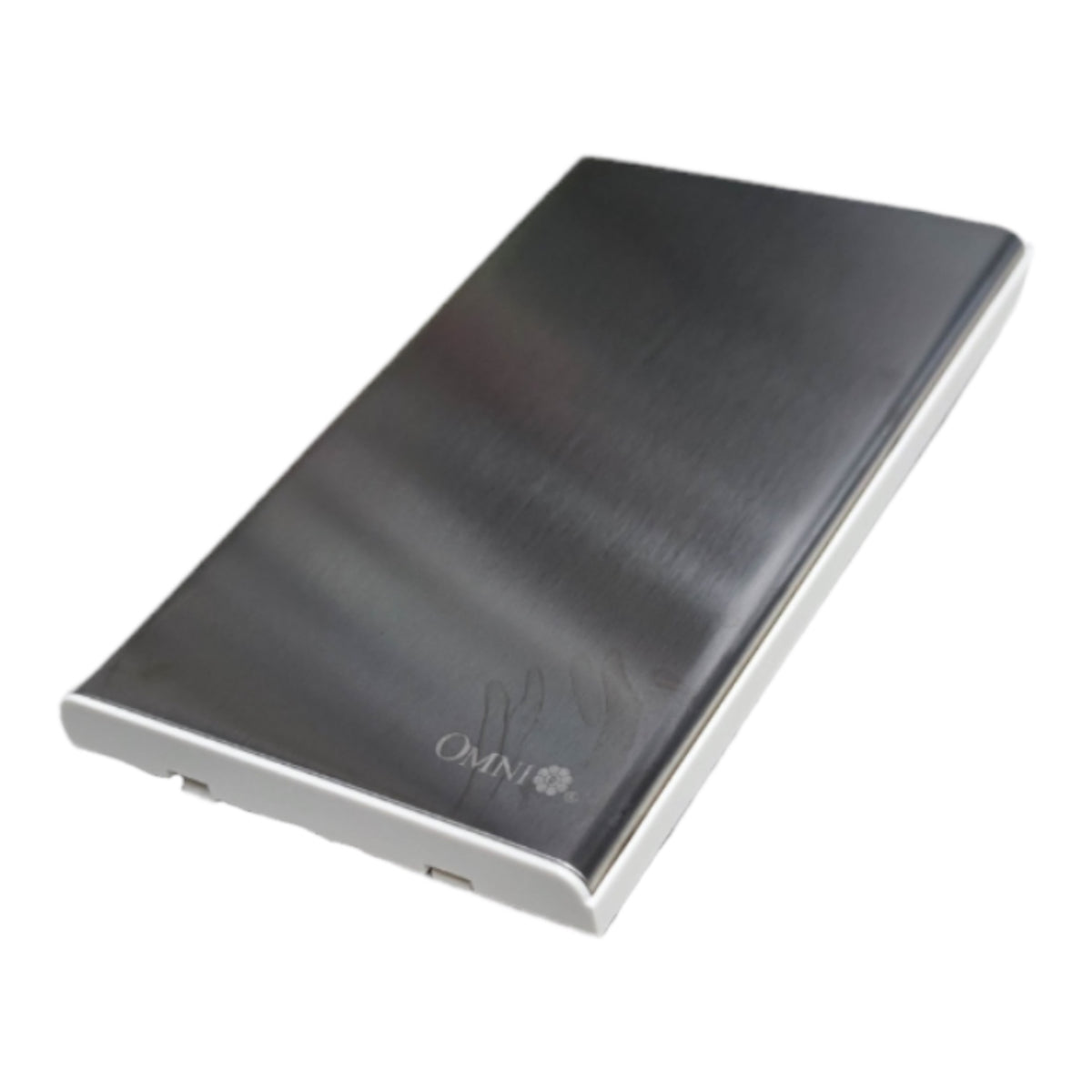 A brushed stainless steel rectangular device with rounded corners, shown at an angle on a white background. The brand name 'OMNI' is subtly printed near the bottom edge.