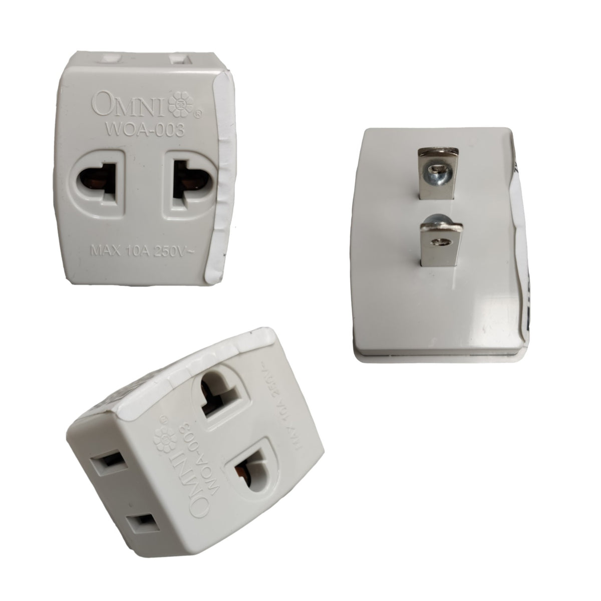 Three views of an Omni WOA-005 3-pin travel adapter plug, shown on a plain white background.