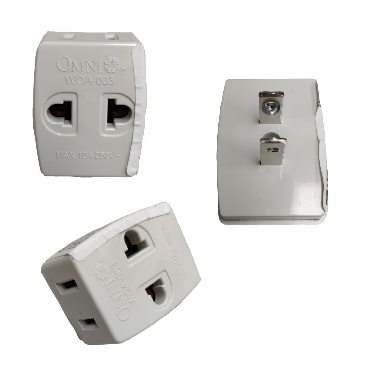 Three views of an Omni WOA-005 3-pin travel adapter plug, shown on a plain white background.