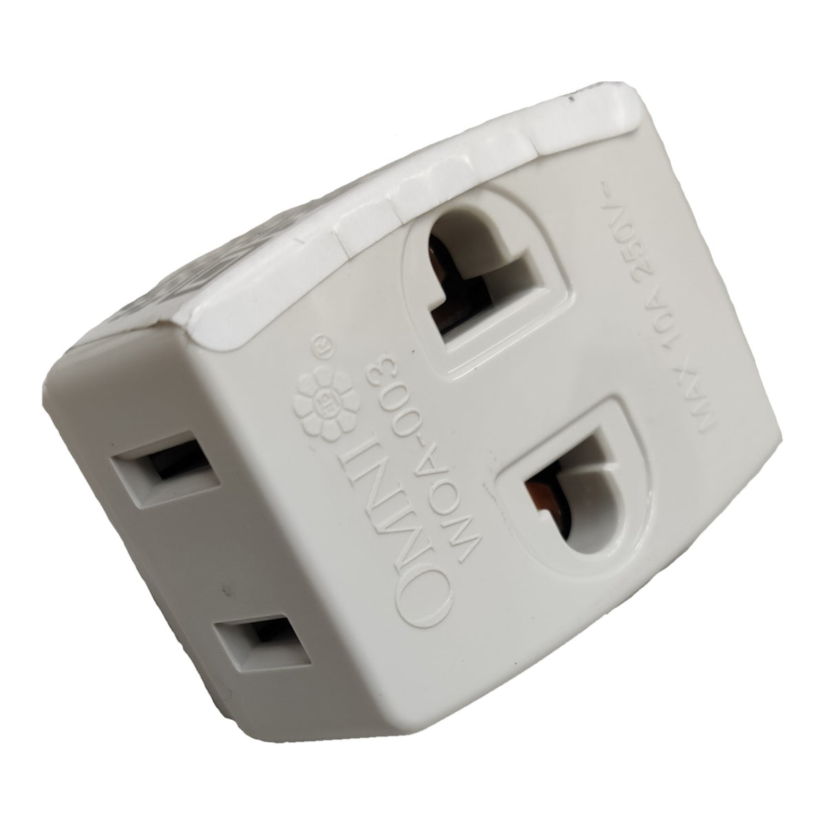 A white plastic Omini WOA-003 3-pin to 2-pin international travel adapter plug, shown at an angle on a plain white background.