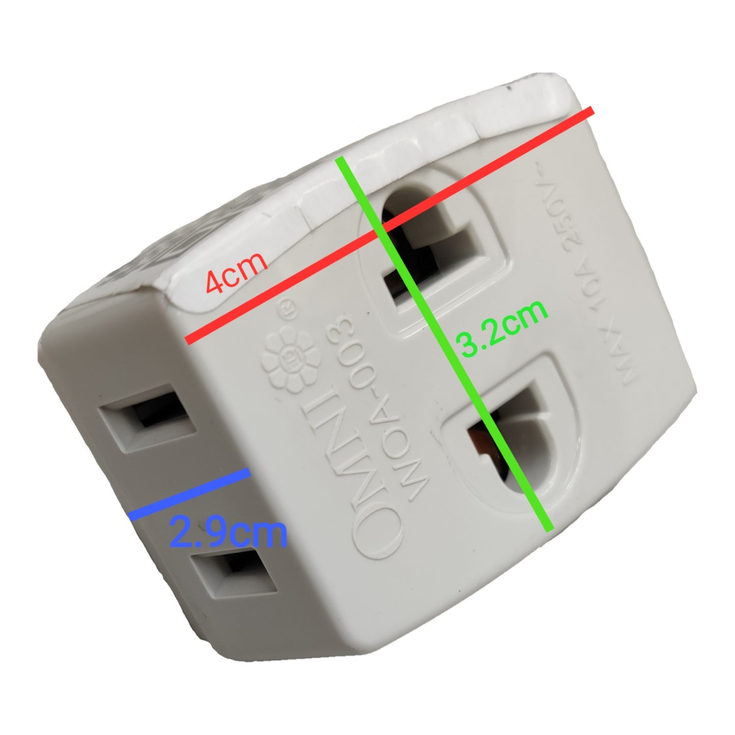 White plastic wall plug adapter shown on a white background with colored measurement lines and labels indicating dimensions of 4cm, 3.2cm, and 2.