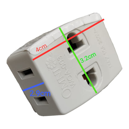 White plastic wall plug adapter shown on a white background with colored measurement lines and labels indicating dimensions of 4cm, 3.2cm, and 2.