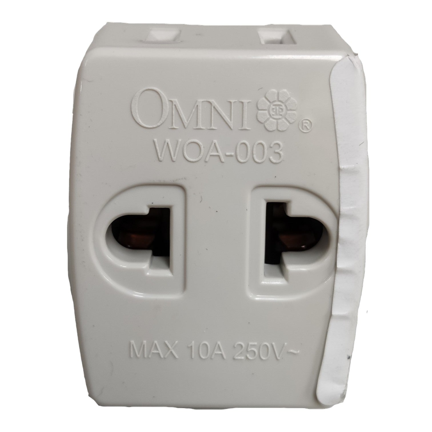 An Omni WOA-003 two-pin travel adapter plug, shown from the front on a plain white background.
