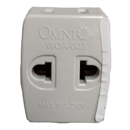 An Omni WOA-003 two-pin travel adapter plug, shown from the front on a plain white background.