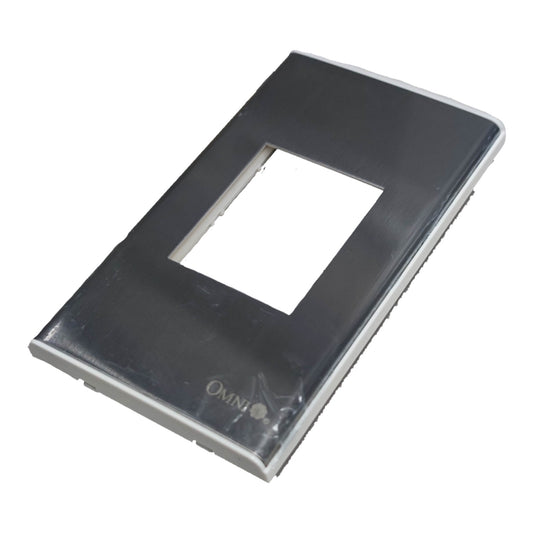 A glossy black rectangular light switch plate cover with a central square cutout, featuring the Omina brand logo near the bottom, shown on a plain white background.