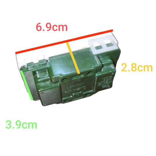 A green plastic electrical relay component on a white background with red, yellow, green, and orange dimension labels showing measurements of 6.9cm, 2.