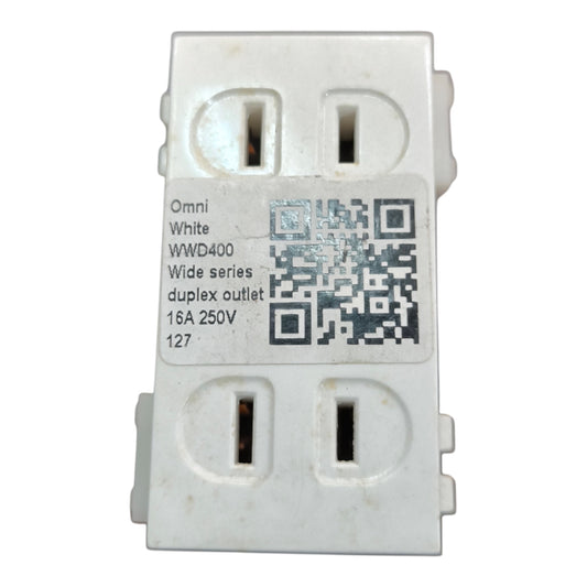 A white Omni WWD400 wide series duplex outlet electrical component on a plain white background.