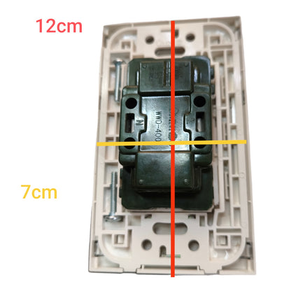 A rear view of a wall switch plate showing the back of a dark green electrical contact block mounted in a beige plastic cover, with overlaid dimension lines indicating 12cm width, 7cm height, and a vertical center line.