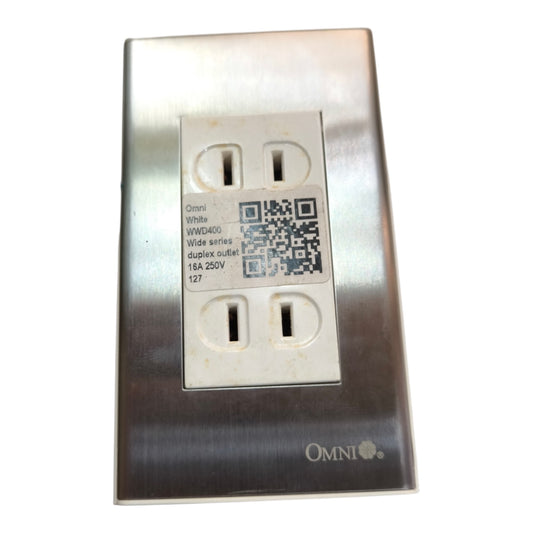 An Omni White WMD450 duplex outlet featuring a brushed stainless steel faceplate and white outlets, shown on a plain white background.