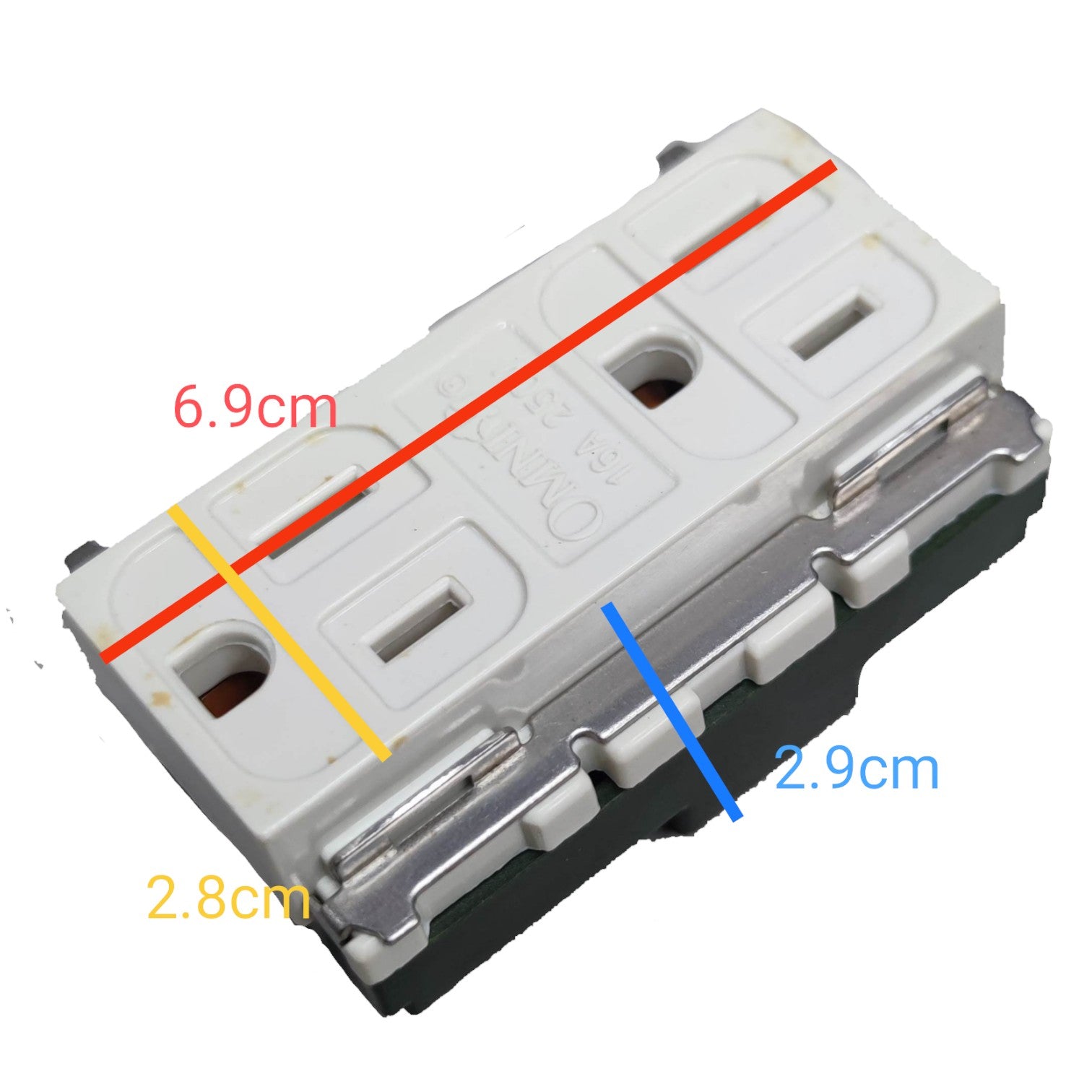 A white plastic electrical connector or terminal block with silver metal contacts and a dark base, shown on a white background with red, yellow, and blue dimension labels indicating measurements of 6.9 cm, 2.