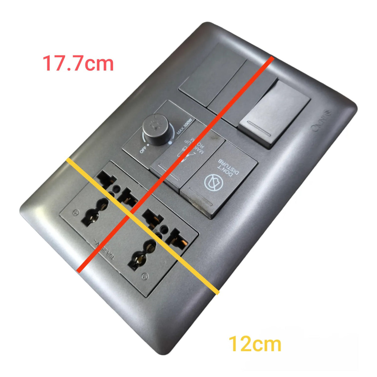 Omni Duplex Universal Outlet With Make up Room, Do not Disturb 2pcs 3 Way and 1 Way Switch and 500W Dimmer Switch 16A 250V Designer Series Hotel or Luxury Design Switches and Outlets Graphite