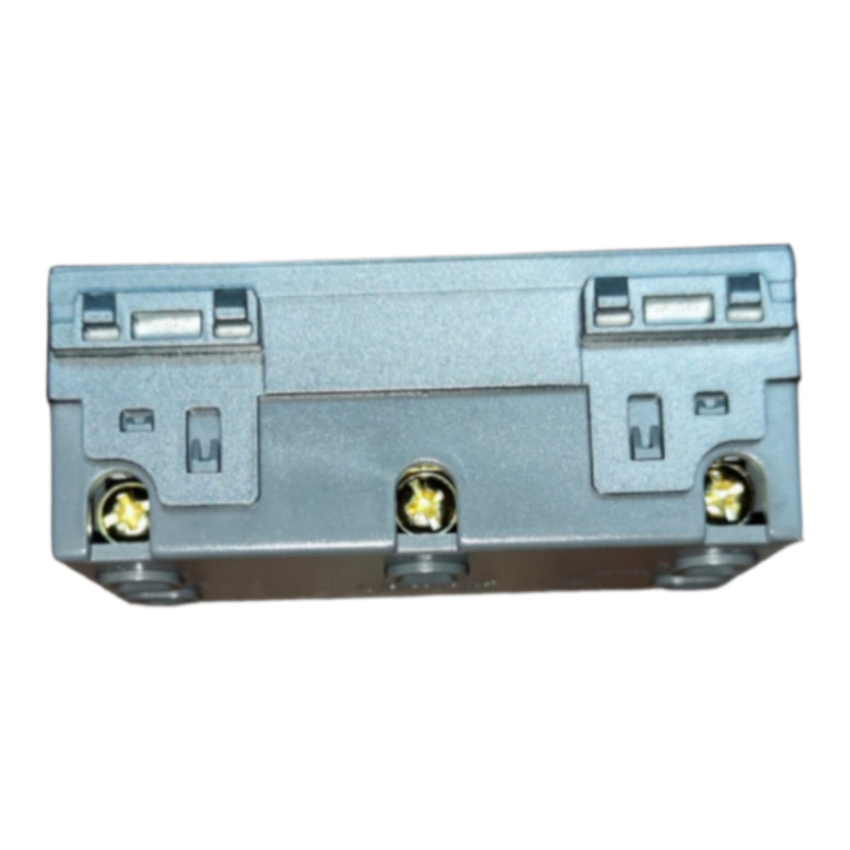 A rectangular metal electronic component or connector block with three gold screw terminals on a plain white background.