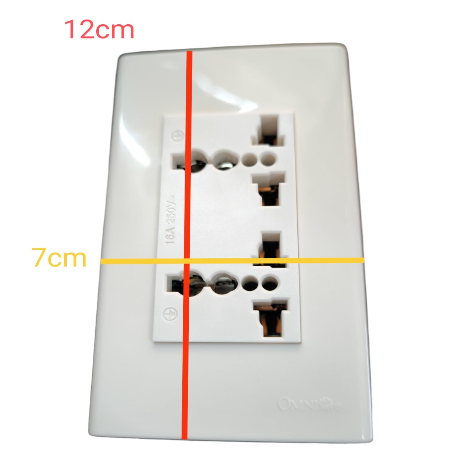 White double electrical outlet wall plate shown on a light gray background with red and yellow measurement overlays indicating 12cm height and 7cm width.