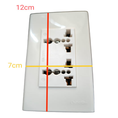 White double electrical outlet wall plate shown on a light gray background with red and yellow measurement overlays indicating 12cm height and 7cm width.