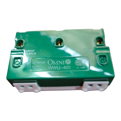 A green Omni WWU-402 universal power supply adapter with white terminal blocks at the bottom and gold-colored metal screw terminals on top, shown against a plain white background.