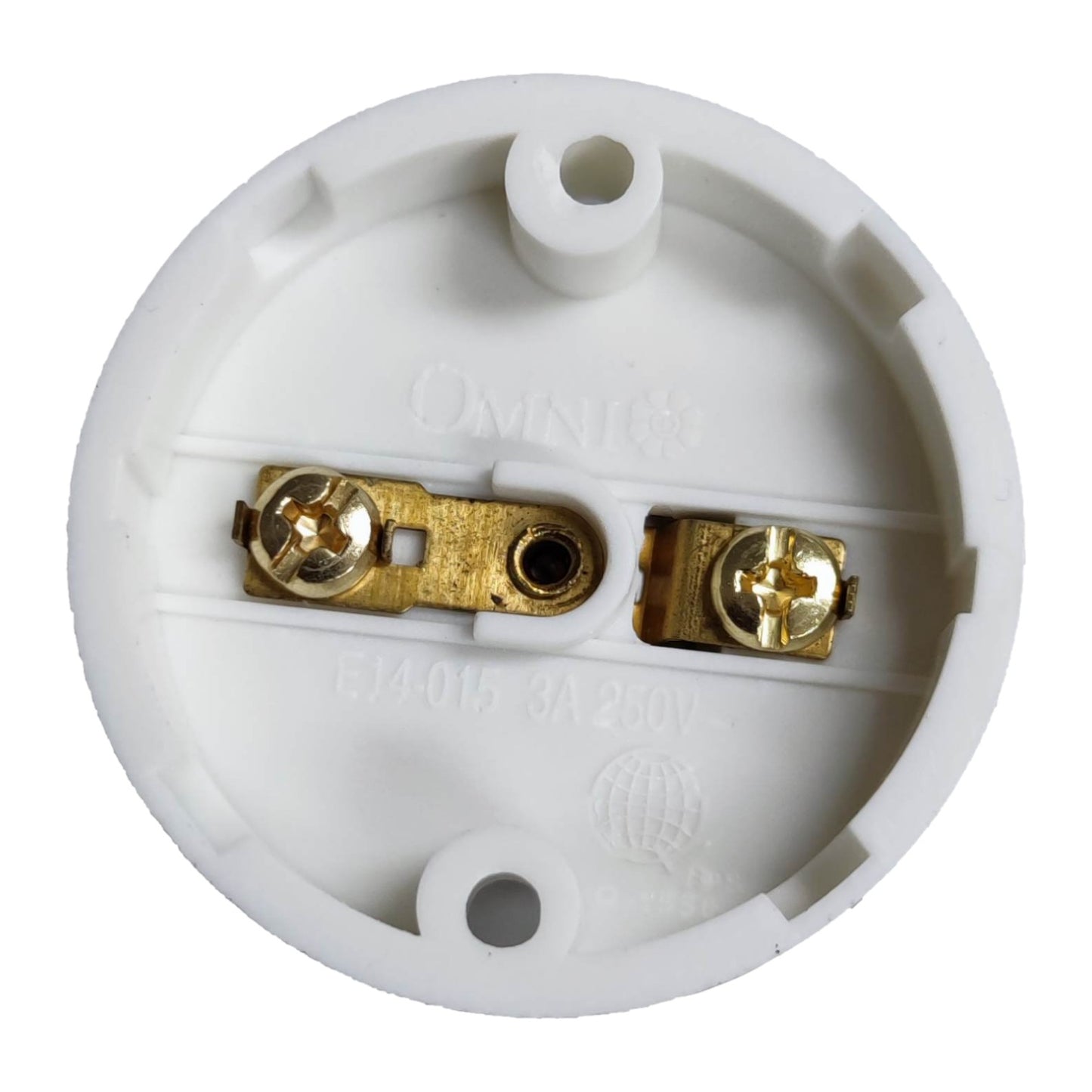 White electrical socket with gold contacts on a white background Omni E-14 Lamp Socket 10A 220V PVC Type Surface Mounted E14-015 Electx Electrical Supply