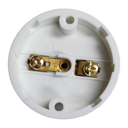 White electrical socket with gold contacts on a white background Omni E-14 Lamp Socket 10A 220V PVC Type Surface Mounted E14-015 Electx Electrical Supply