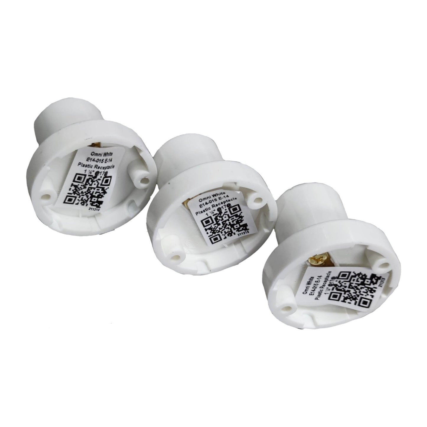 Three white electronic devices with QR codes on a white background Omni E-14 Lamp Socket 10A 220V PVC Type Surface Mounted E14-015 Electx Electrical Supply