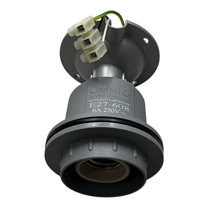 A heavy-duty replacement lamp housing by Omni Lighting, model E27-608, in dark gray metal with a white plastic terminal connector and a green wire, shown on a white background.