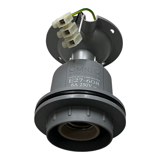 A heavy-duty replacement lamp housing by Omni Lighting, model E27-608, in dark gray metal with a white plastic terminal connector and a green wire, shown on a white background.