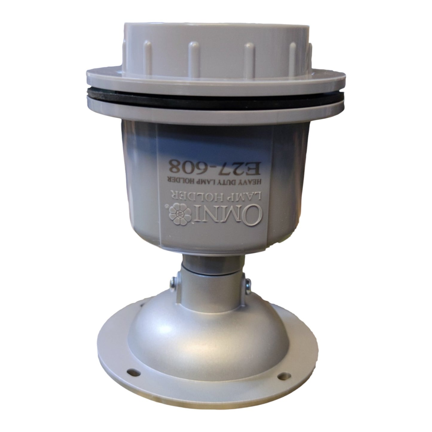An Omni B27-608 heavy duty lamp holder with a gray plastic body, silver metal flange base, and black rubber O-ring, shown on a white background.
