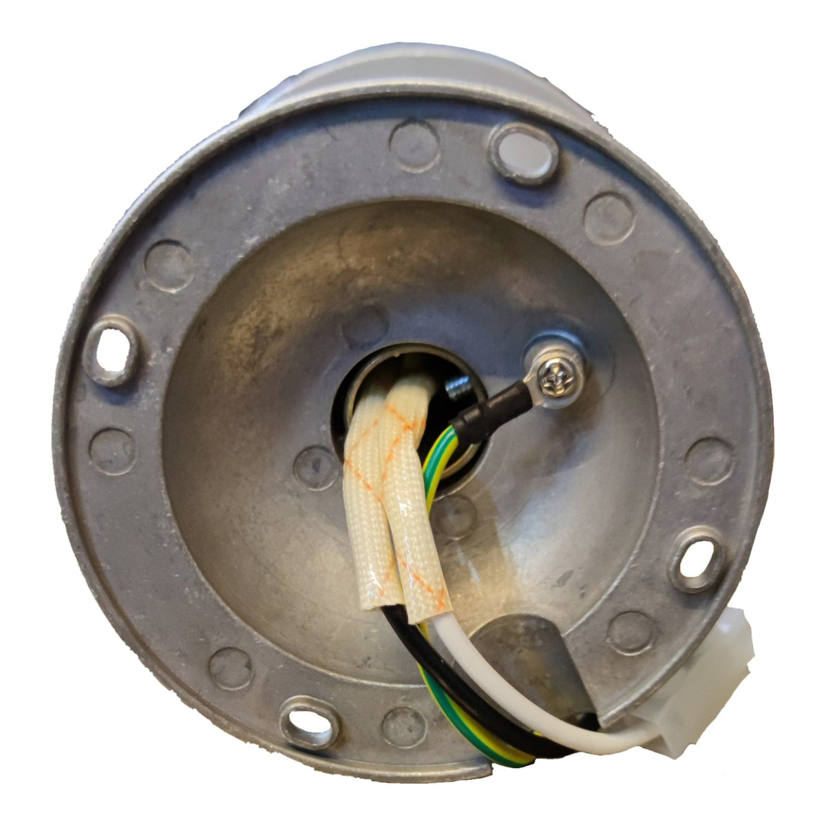 A round metal motor housing or electrical component with a circular flange, mounting holes, and visible internal wiring including white, green, yellow, and black wires, isolated on a white background.