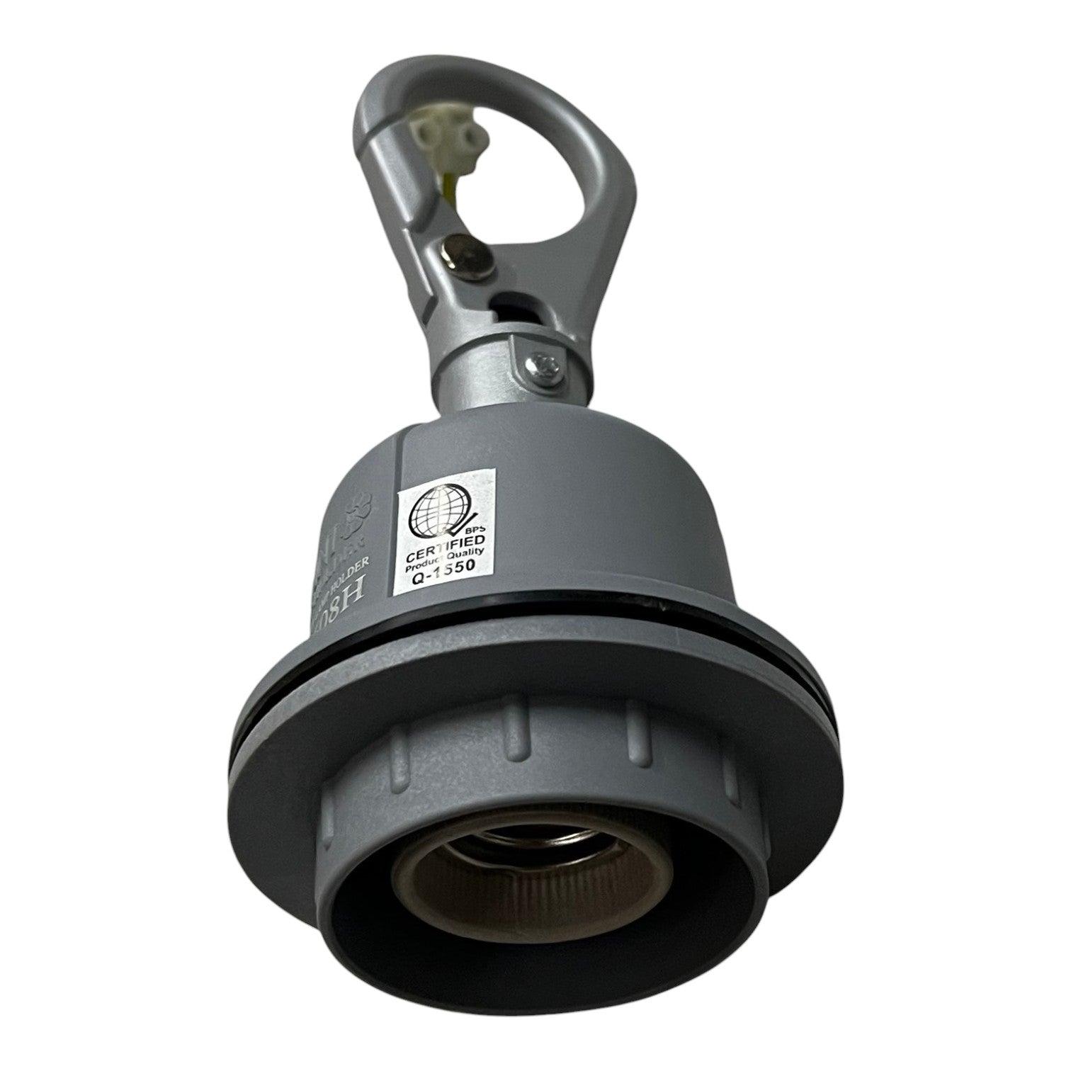 A dark gray industrial quick-disconnect coupling fitting with a hanging hook and a Certi-Tech certification label, shown on a plain white background.