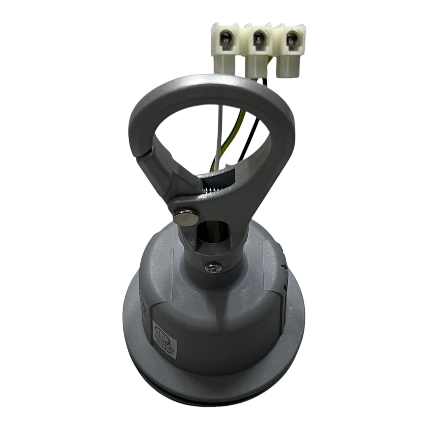 A gray plastic industrial clamp-on suction cup with a large loop handle, a circular base, and three white terminal connectors at the top, shown on a plain white background.