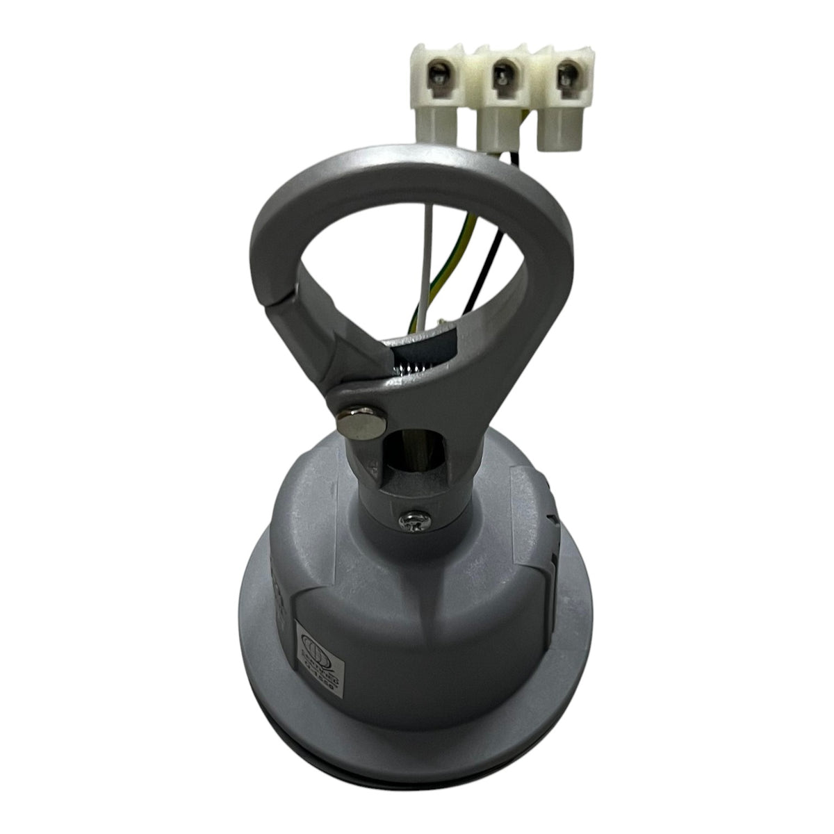 A gray plastic industrial clamp-on suction cup with a large loop handle, a circular base, and three white terminal connectors at the top, shown on a plain white background.