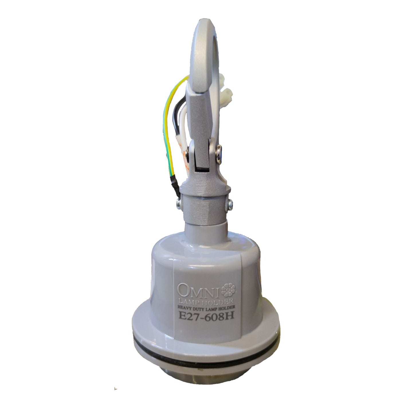 An Omni Laramide E27-608H heavy duty lamp sealant unit, featuring a gray plastic base, a circular mounting bracket with a vertical arm, and yellow and black wires, shown against a plain white background.