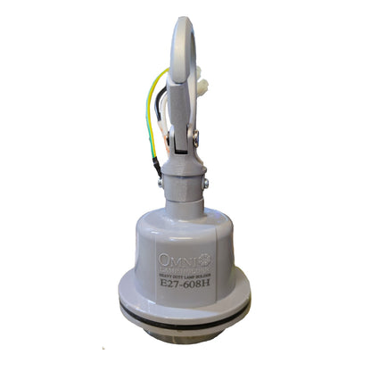 An Omni Laramide E27-608H heavy duty lamp sealant unit, featuring a gray plastic base, a circular mounting bracket with a vertical arm, and yellow and black wires, shown against a plain white background.