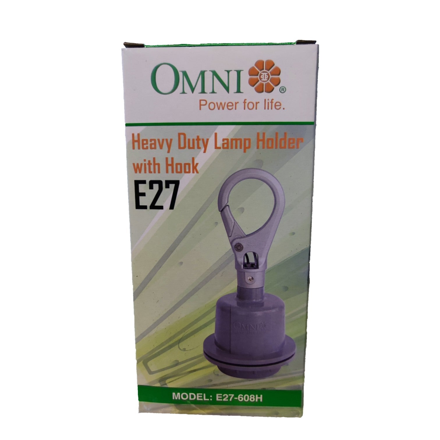 OMNI Heavy Duty Lamp Holder with Hook E27 in its original retail packaging, featuring a purple hook and base on a white and green box.