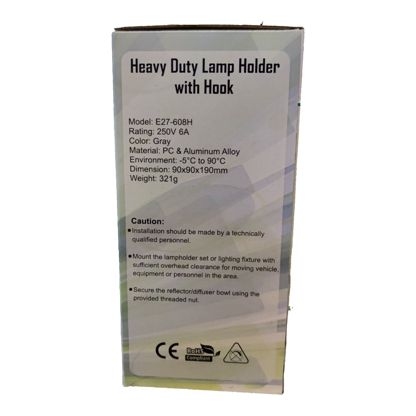 A tall rectangular product box for a Heavy Duty Lamp Holder with Hook, shown against a plain white background. The box is primarily white with black text detailing the model E27-608H, specifications, and installation cautions.