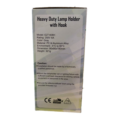A tall rectangular product box for a Heavy Duty Lamp Holder with Hook, shown against a plain white background. The box is primarily white with black text detailing the model E27-608H, specifications, and installation cautions.