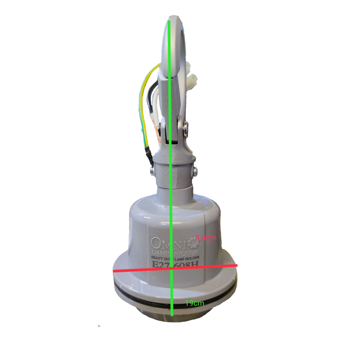A gray Omniland E27 608H rotary grass cutter attachment shown from the back, featuring green, red, and yellow wires, with dimension lines indicating 240mm rear height, 50mm diameter, and 240mm total length.