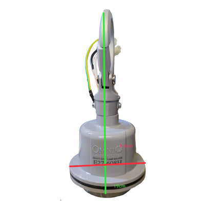 A gray Omniland E27 608H rotary grass cutter attachment shown from the back, featuring green, red, and yellow wires, with dimension lines indicating 240mm rear height, 50mm diameter, and 240mm total length.
