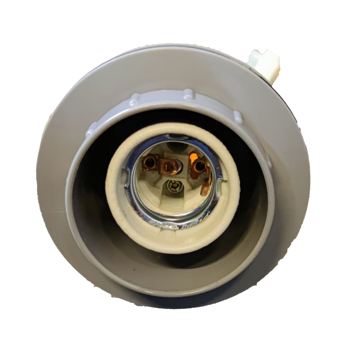 A close-up of a circular light fixture socket or ceiling light backplate component, showing the internal metal contact points and ceramic insulator rings, isolated on a white background.