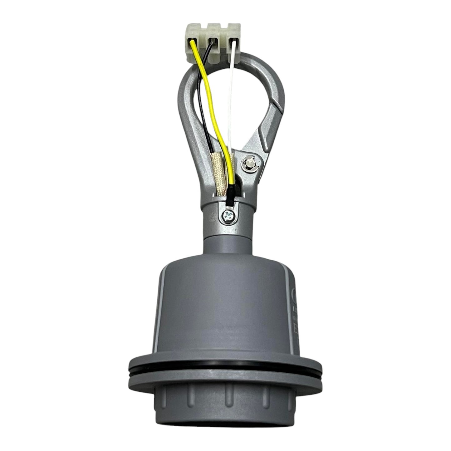 A gray industrial clamp connector with a metal hook, a gray plastic body, a black rubber O-ring, and a yellow wire visible at the top, isolated on a white background.