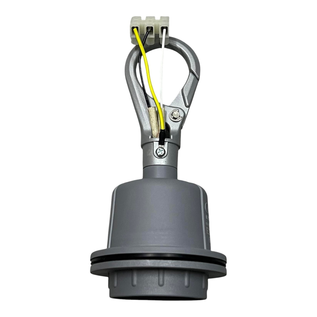 A gray industrial clamp connector with a metal hook, a gray plastic body, a black rubber O-ring, and a yellow wire visible at the top, isolated on a white background.