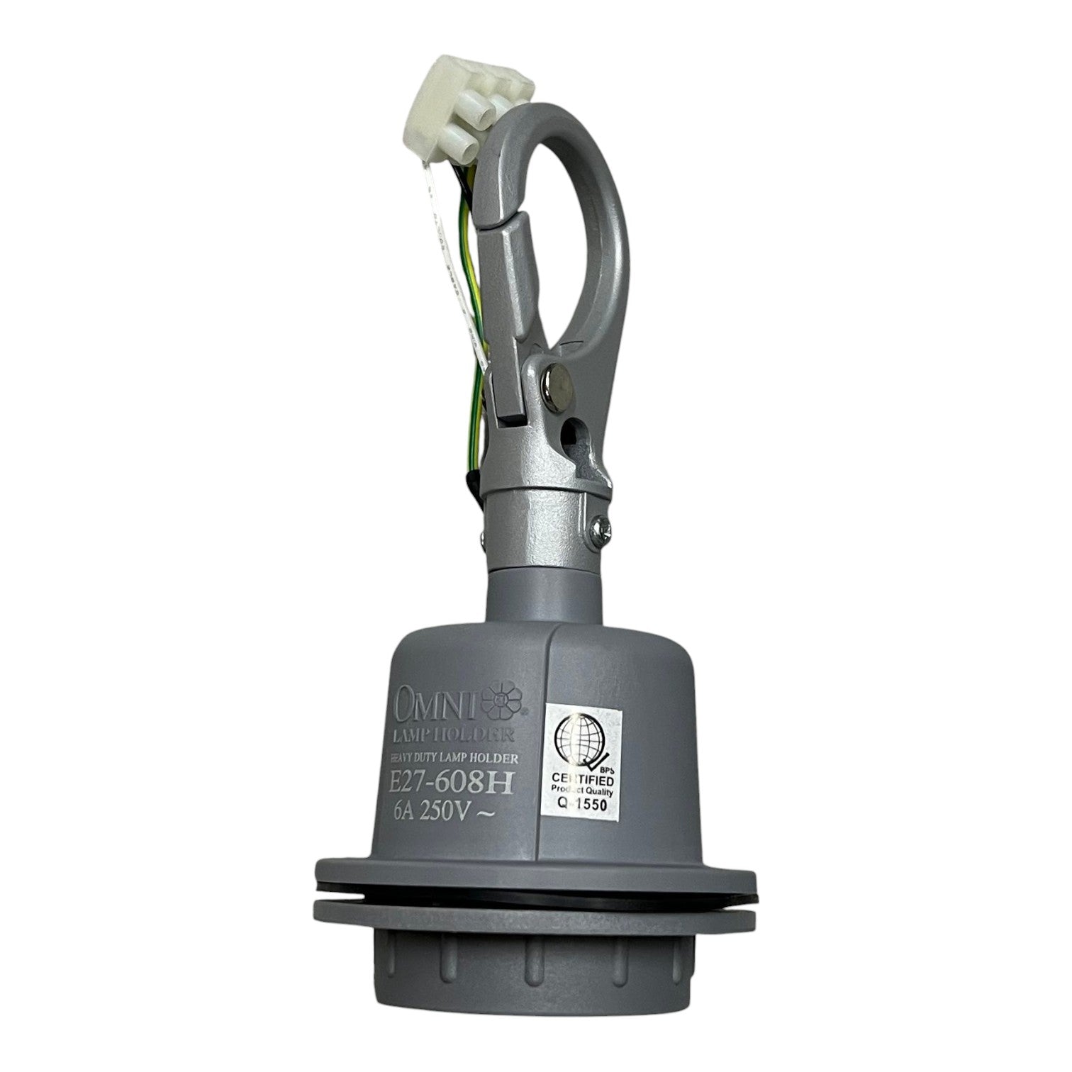 A gray Omnilight industrial spotlight with a hanging hook and wire connector, shown on a plain white background.