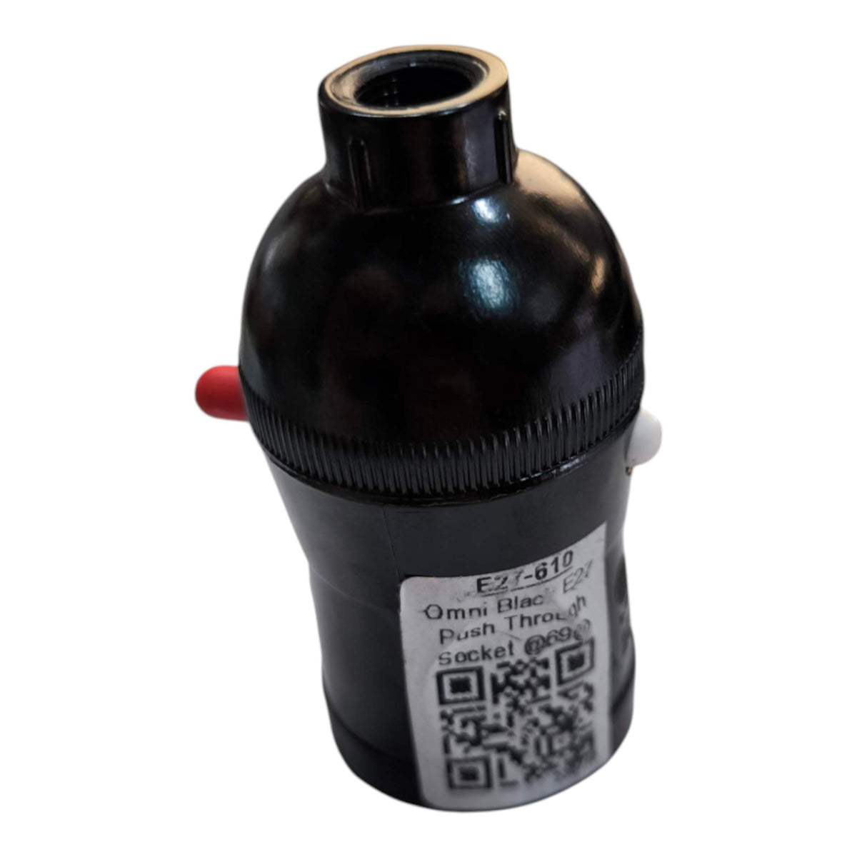A black plastic push-through socket adapter with a threaded top, a ribbed middle section, a small red protruding tab on the left, a white protruding tab on the right, and a white product label with a QR code.