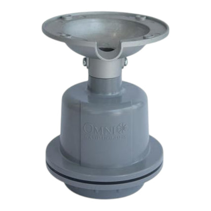 A gray plastic plumbing fitting with a flange connection on top and bottom, featuring the embossed brand name 'OMNI' and 'CANADA MANUFACTURING' on the side, set against a plain white background.