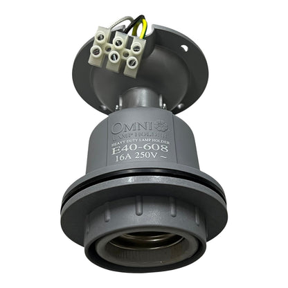 A heavy-duty electrical lamp holder by Omni Lighting, featuring a dark gray metal body with a terminal connector at the top, shown on a plain white background.