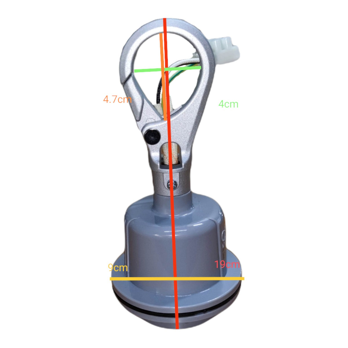 A metal mounting bracket or hardware component on a plain white background, overlaid with colored measurement lines and labels showing dimensions such as 4.7 cm, 4 cm, 9 cm, and 19 cm.