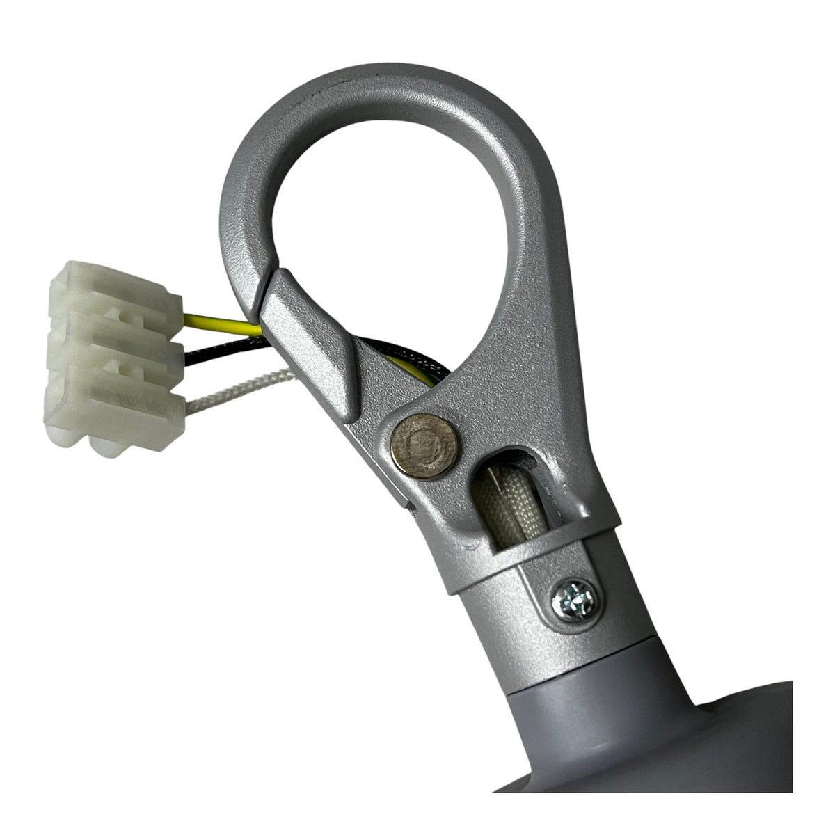 Close-up of a silver metal mounting bracket or hook with a white plastic connector and visible yellow, black, and white wires, shown on a plain white background.