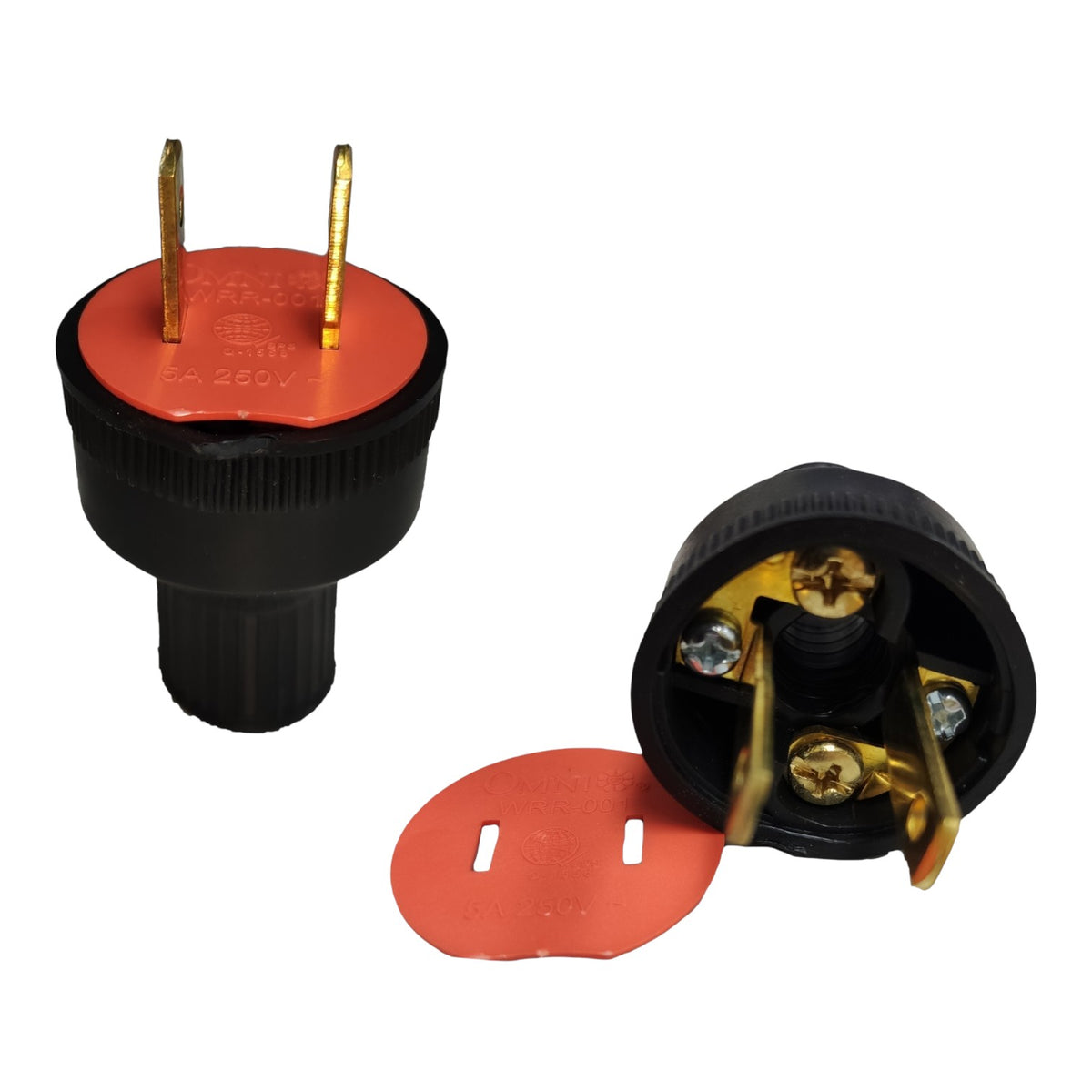 A black electrical outlet plug adapter with gold-toned metal pins and a red plastic top, shown alongside a matching red grounding tab on a plain white background.