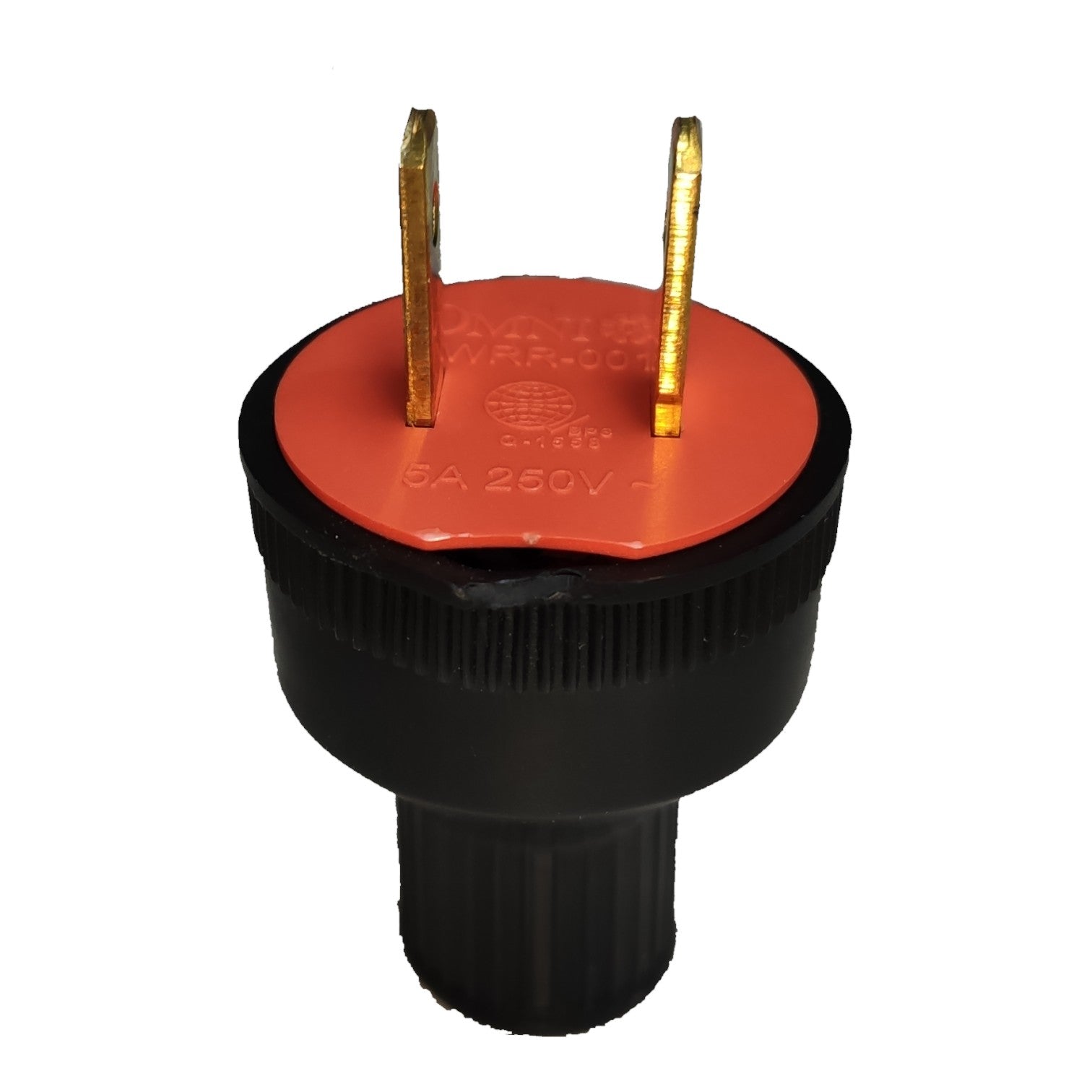 A black electrical outlet adapter plug with a red top cover and gold-colored metal prongs, shown on a plain white background.