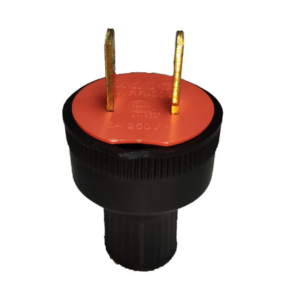 A black electrical outlet adapter plug with a red top cover and gold-colored metal prongs, shown on a plain white background.